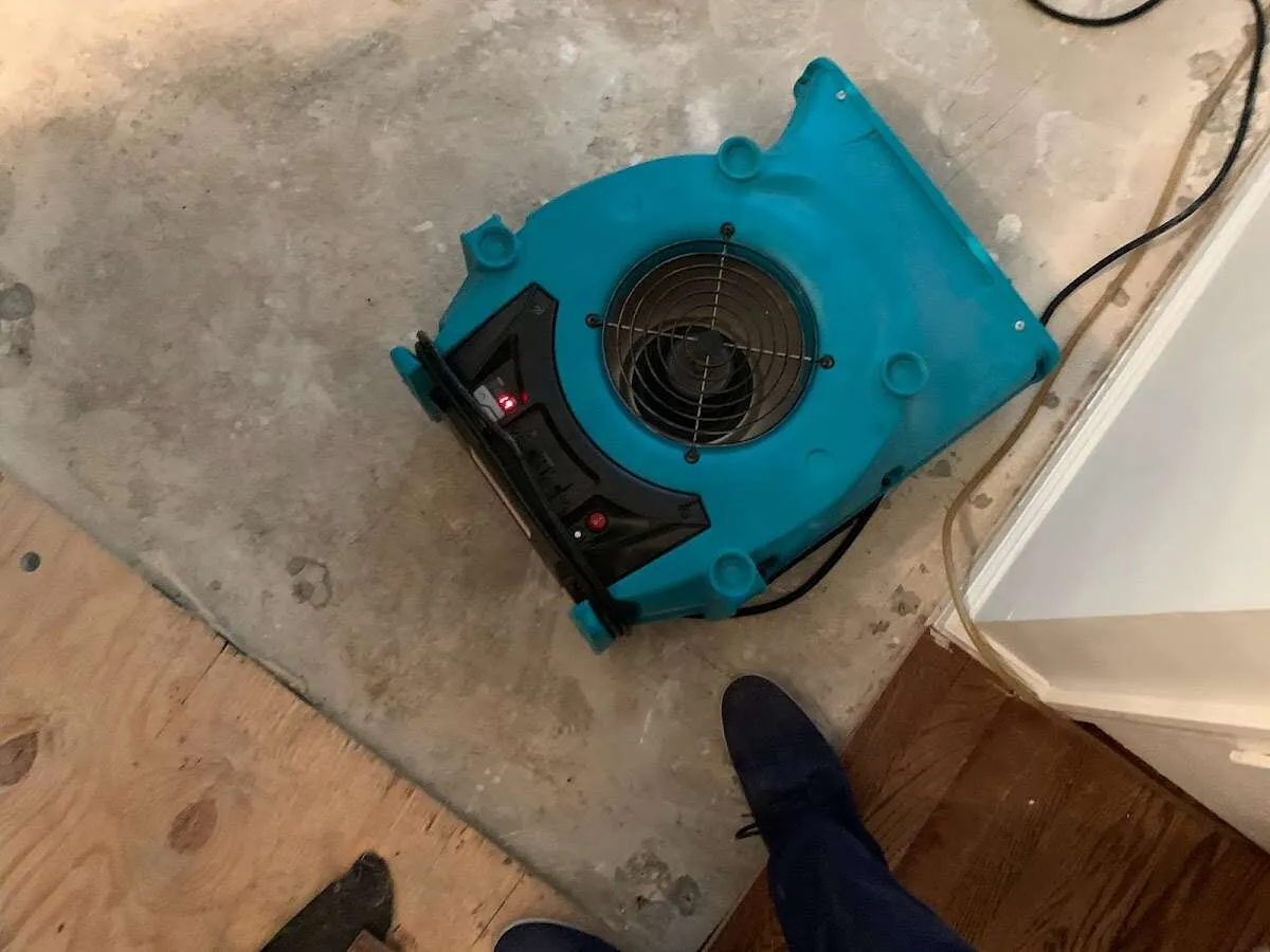 Air mover drying subfloor during Leak Detection & Repair in Cedar Hill